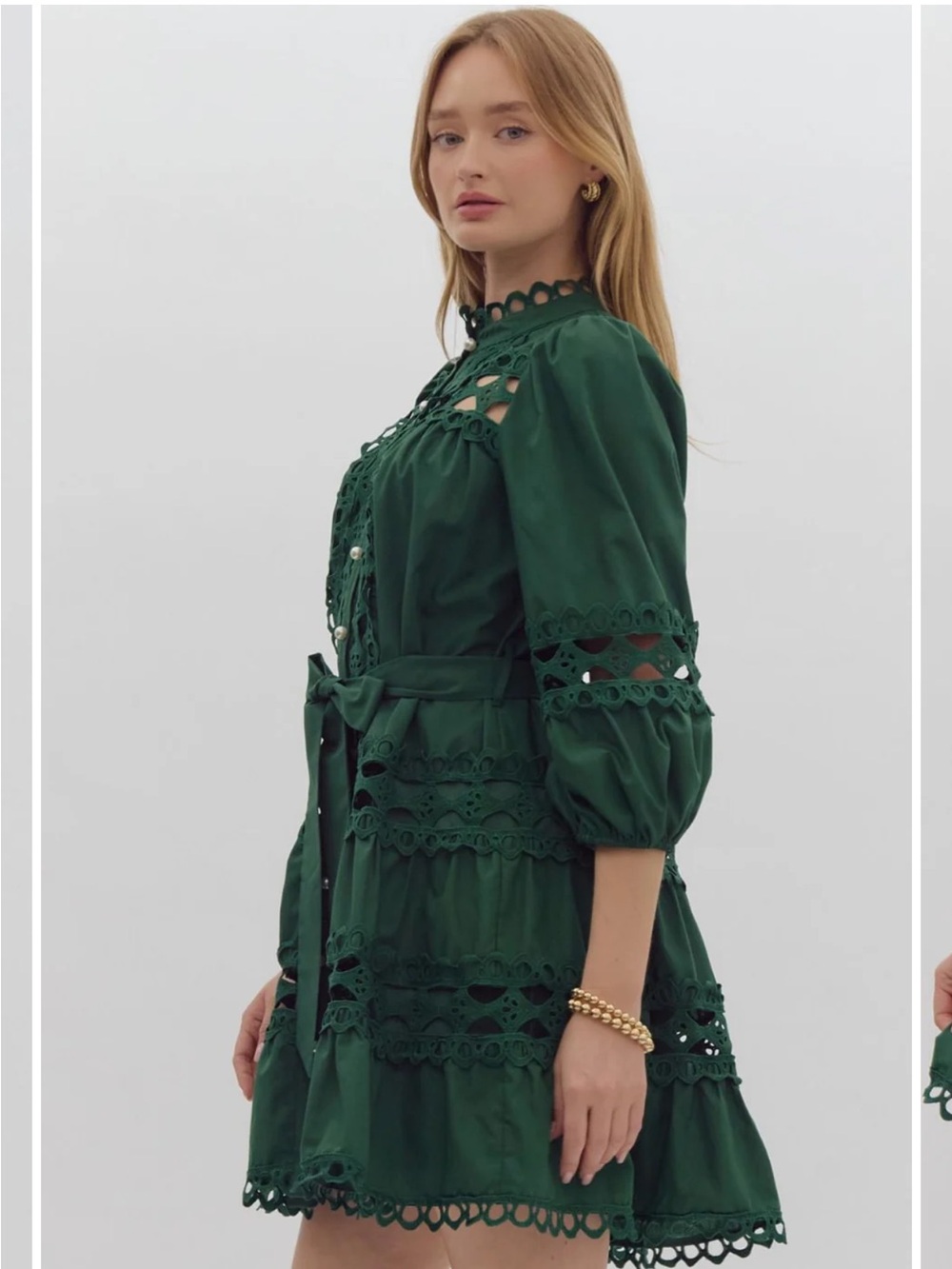 ENTRO Green Long Sleeve Lace-Trim pearl Button Front Dress - Picture 9 of 10